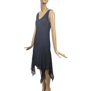 JKARA Black Beaded V Neck Sleeveless‎ Asymmetrical Hem Midi Dress Size 14